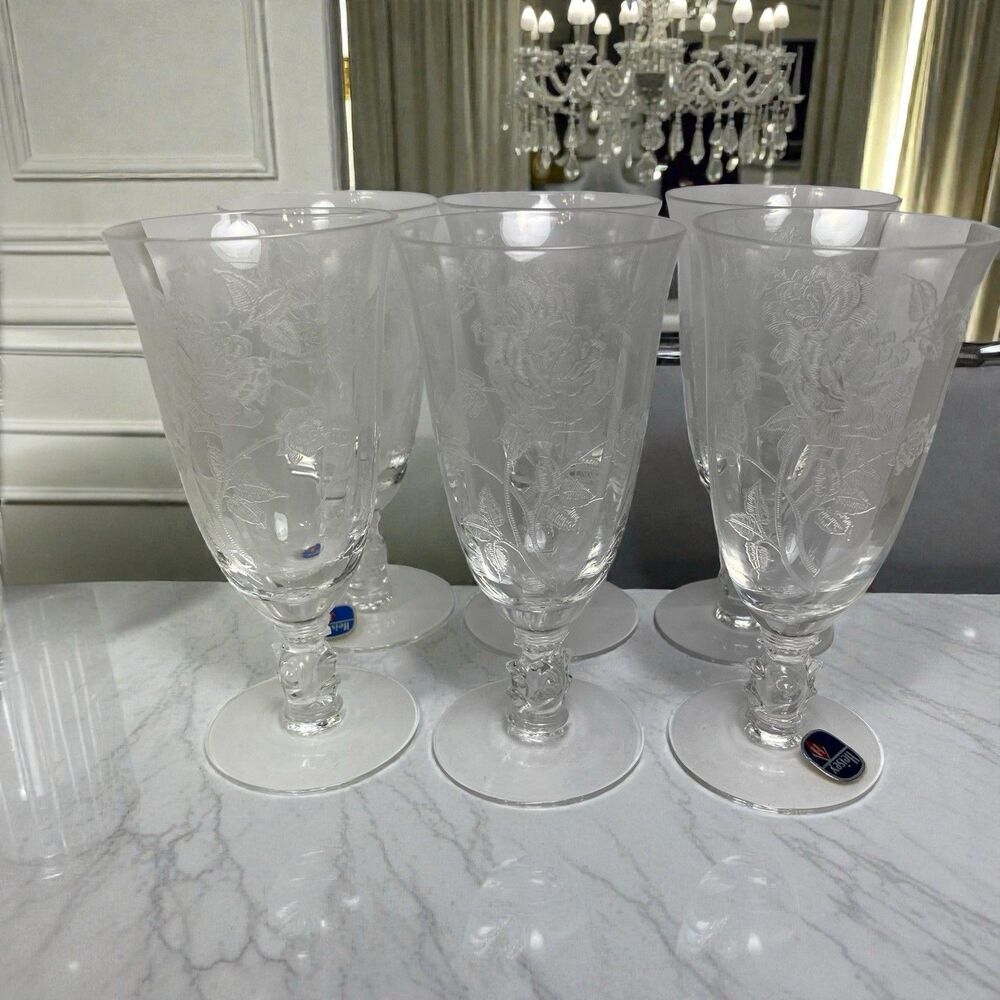 VTG Heisey Rose Etched Crystal Goblets 5.5” w/ Original Stickers EXC Set Of 6